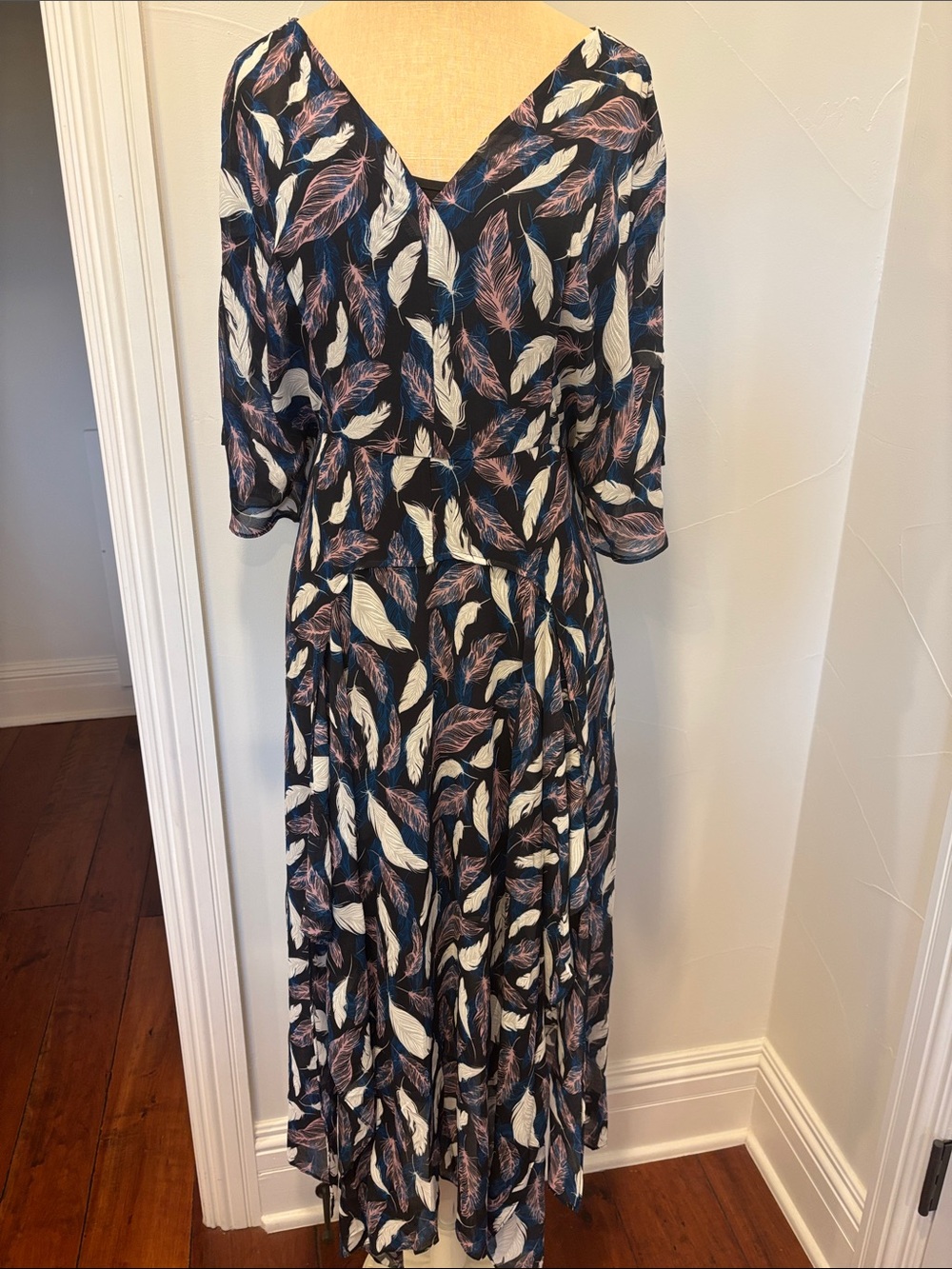 Charming Charlie Navy Feather-Print V-Neck Handkerchief Midi Dress